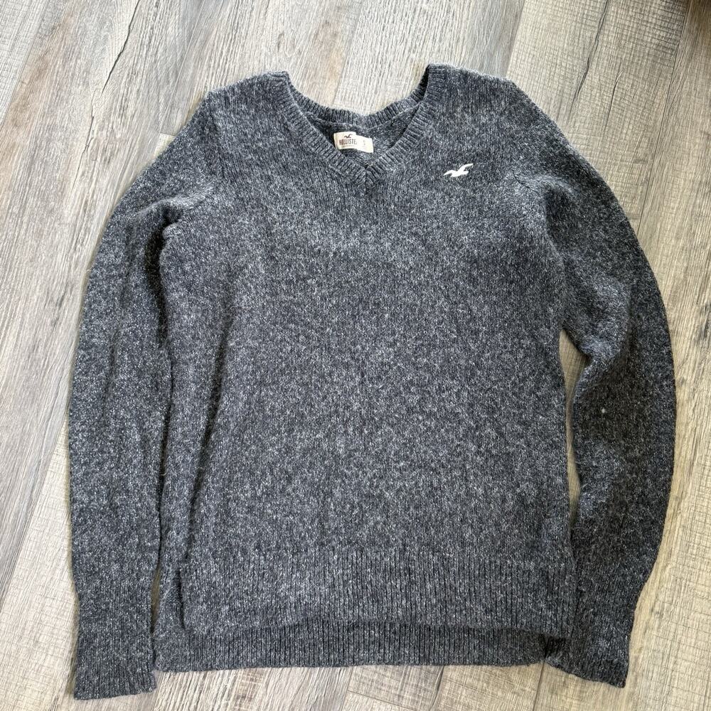 VTG Y2K 00s Hollister Gray V-Neck Pullover Knit Sweater Logo Preppy Scene Small
